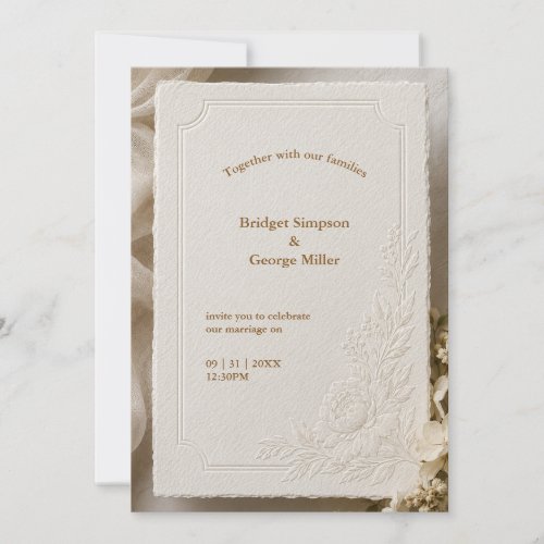 Embossed modern Ivory Wedding Peony Florals Invitation