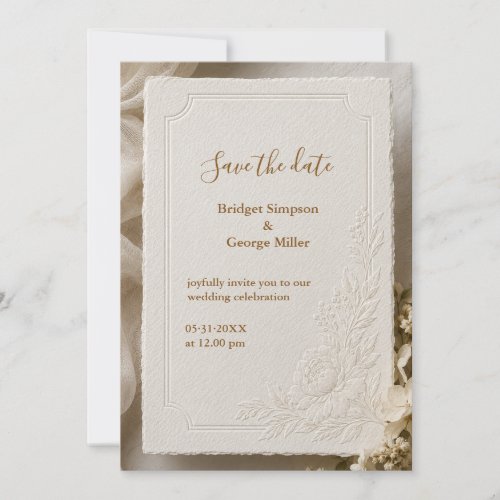 Embossed modern Ivory Wedding Peony Florals Invitation