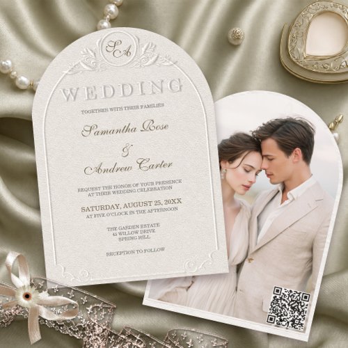 Embossed Monogram Arch Photo Wedding QR Code Invitation