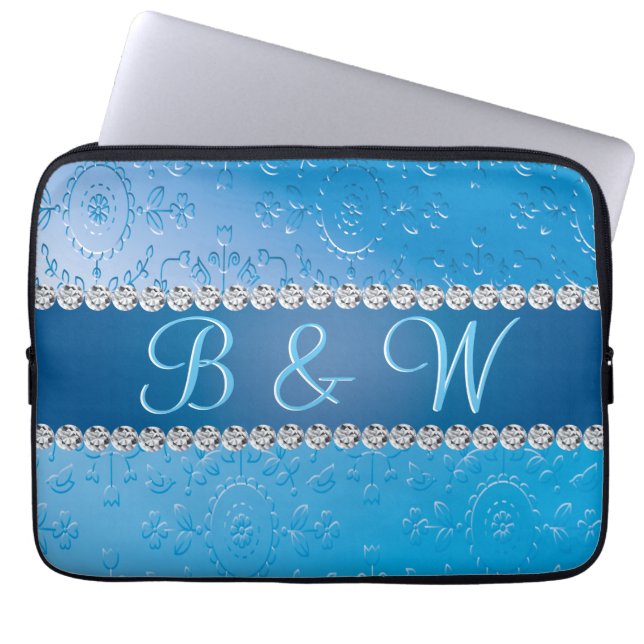 Embossed Monogram Blue Flower Laptop Sleeve (Front)