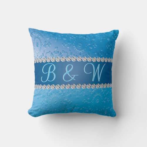 Embossed Monogram Blue Flower Throw Pillow