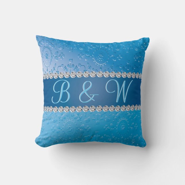 Embossed Monogram Blue Flower Throw Pillow (Front)