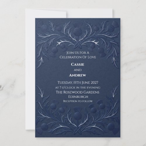 Embossed Navy Blue Scottish Thistle Wedding Invitation