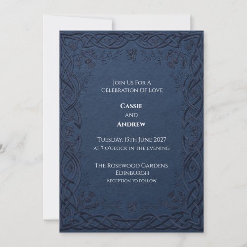 Embossed Navy Celtic Thistle Wedding Invitation