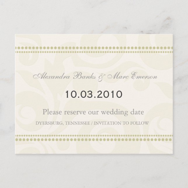 Embossed Pale green Save the Date Postcards (Front)