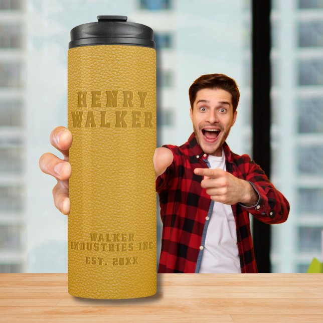 Embossed Personalized Gold Yellow Vegan Leather Thermal Tumbler (Creator Uploaded)