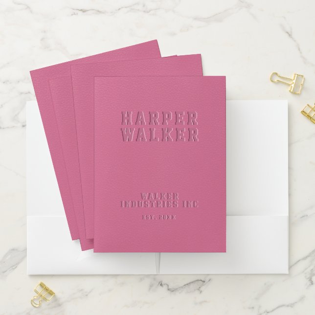 Embossed Personalized Pink Vegan Leather Pocket Folder (In Situ)
