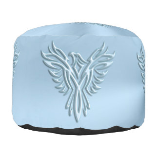 Embossed Phoenix Rising on polished-look ice blue Pouf