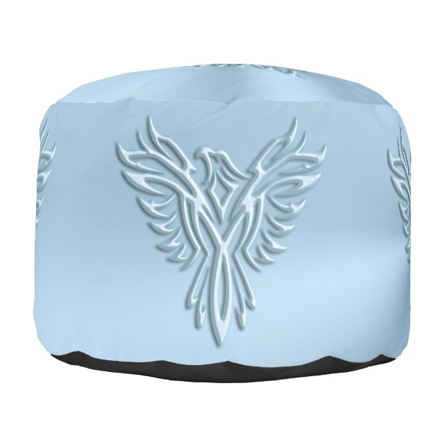 Embossed Phoenix Rising on polished-look ice blue Pouf (Left)