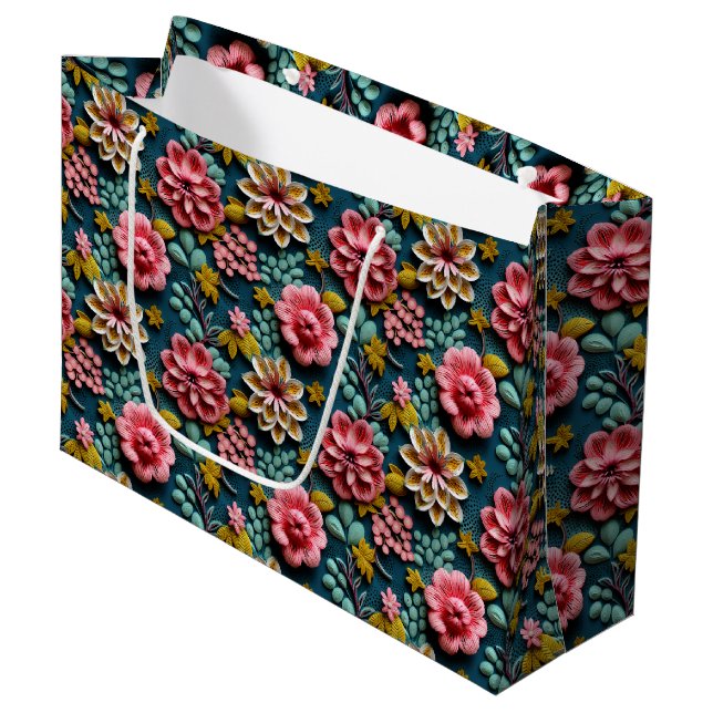 Embossed Pink Florals  Large Gift Bag (Front Angled)