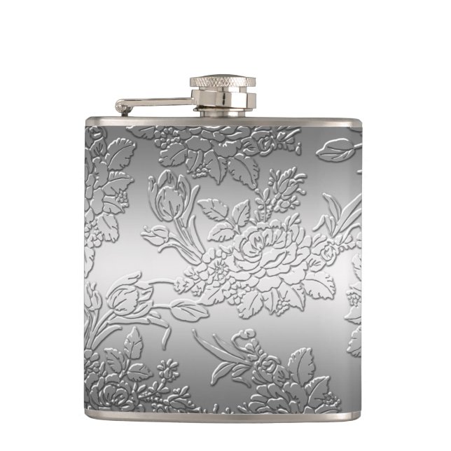 Embossed Polished Silver Roses and Tulips Flask (Front)