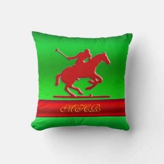 Embossed Polo Player, Monogram, red chrome-look Throw Pillow
