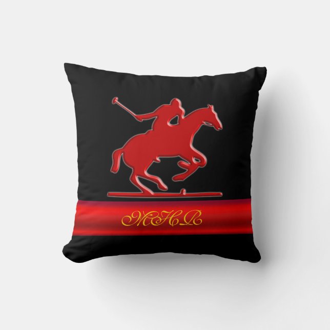 Embossed Polo Player, Monogram, red chrome-look Throw Pillow (Front)