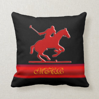 Embossed Polo Player, Monogram, red chrome-look Throw Pillow