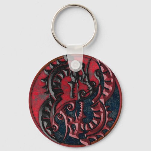 Embossed Red  Black Leather Dragon Yin Yang Keychain