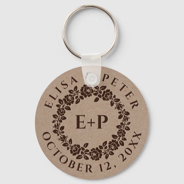 Embossed rose wreath on rustic kraft paper wedding keychain (Front)