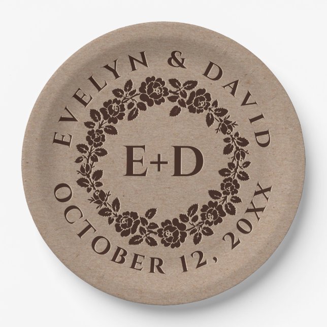 Embossed rose wreath on rustic kraft paper wedding paper plates (Front)