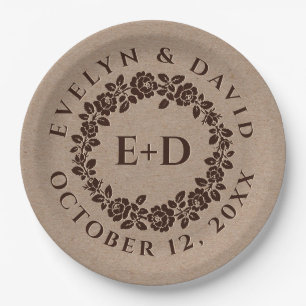 Embossed rose wreath on rustic kraft paper wedding plates