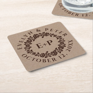 Embossed rose wreath on rustic kraft paper wedding square paper coaster