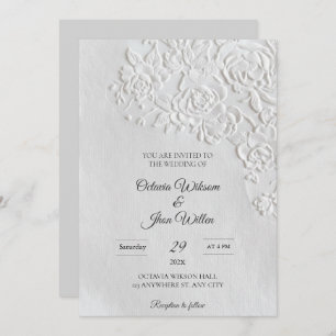 Embossed Roses Deckled Edge Sage Wedding Invitation
