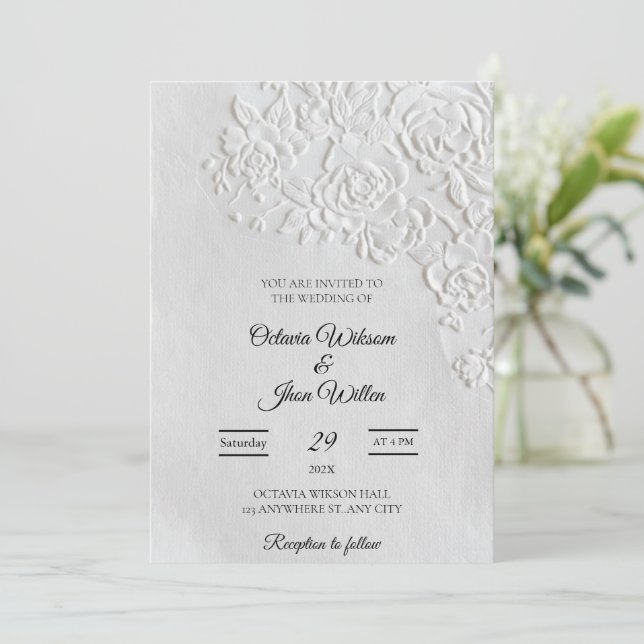 Embossed Roses Deckled Edge Sage Wedding  Invitation (Standing Front)