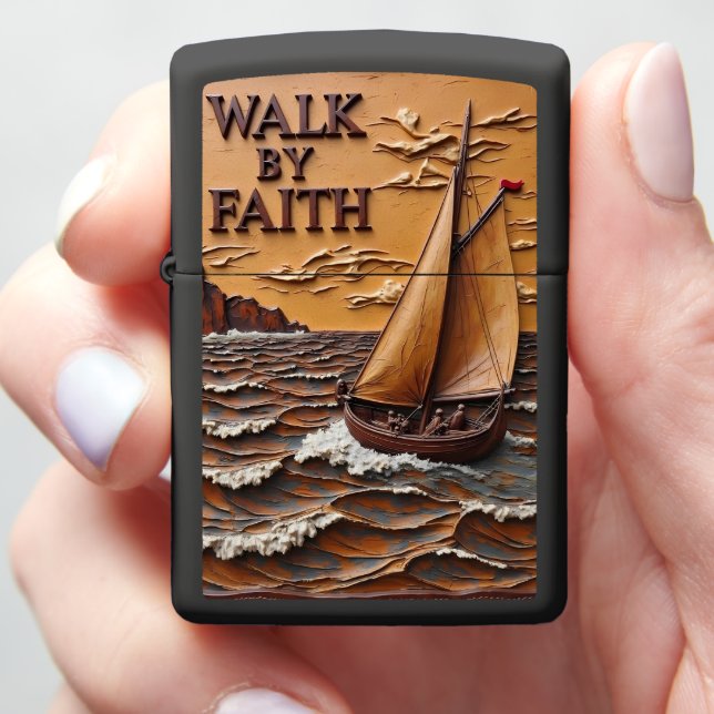 Embossed Sailboat Rough Ocean Storm Zippo Lighter (In Hand)
