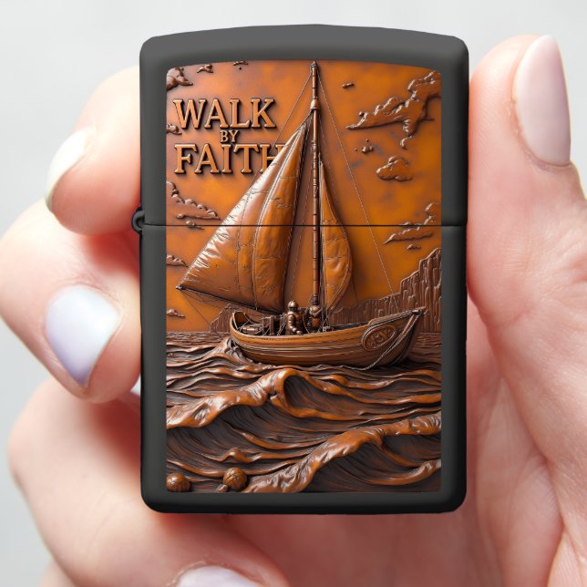 Embossed Sailboat Rough Ocean Waves Zippo Lighter (In Hand)