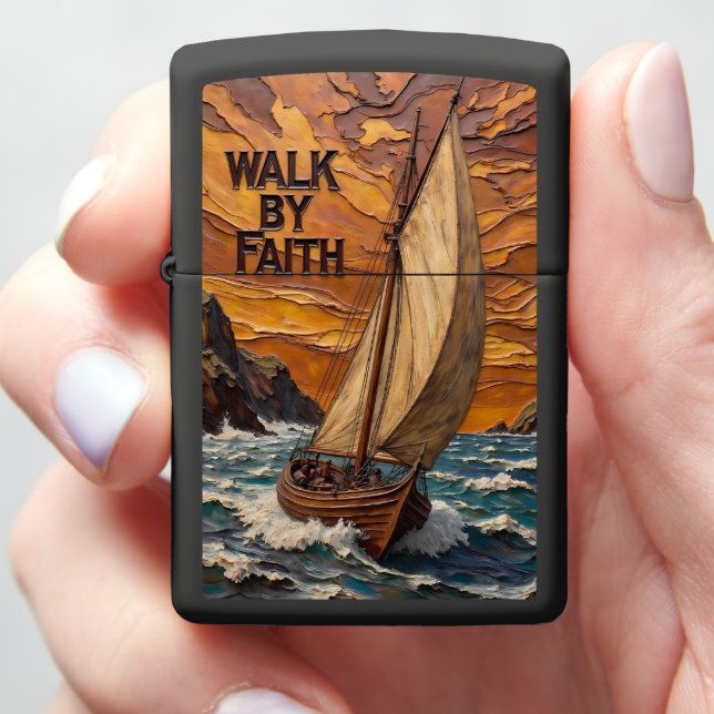 Embossed Sailboat Rough Sea Walk By Faith Zippo Lighter (In Hand)