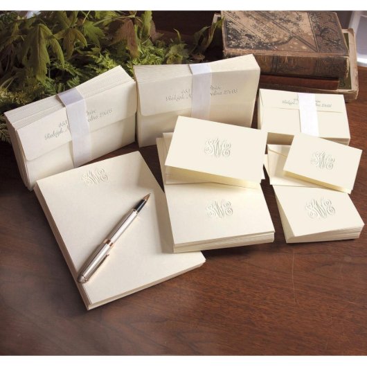 Embossed Script Monogram Personalized Stationery (Front)