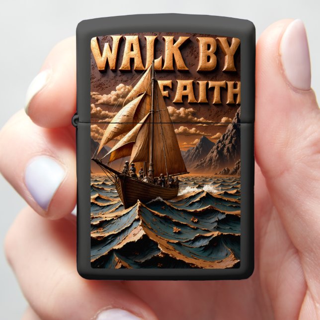 Embossed Ship Rough Waters Ocean Faith Zippo Lighter (In Hand)
