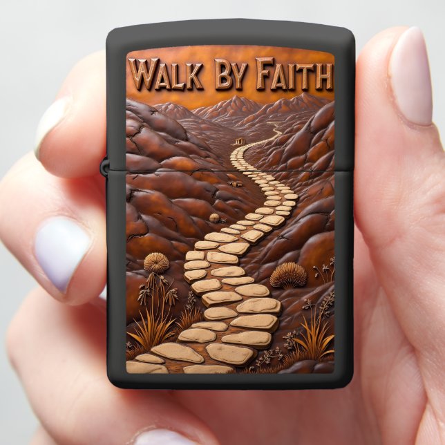 Embossed Stone Path Brown Valley Zippo Lighter (In Hand)