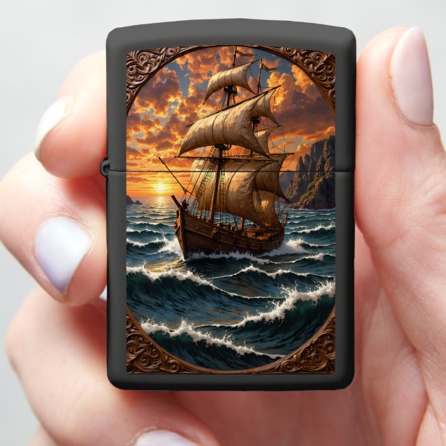 Embossed Tall Ship Ocean Sunset Zippo Lighter (In Hand)