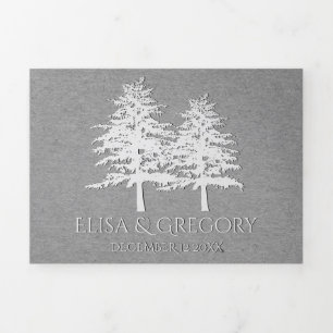 Embossed trees gray kraft paper winter wedding Tri-Fold invitation