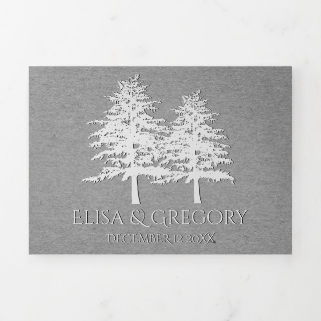 Embossed trees gray kraft paper winter wedding Tri-Fold invitation (Cover)