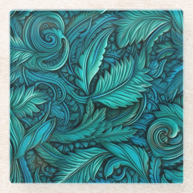 Embossed turquoise faux leather glass coaster (Front)