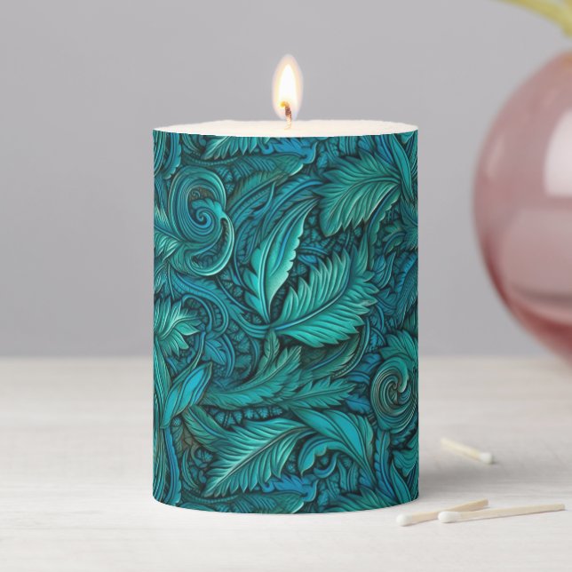 Embossed turquoise faux leather pillar candle (In Situ)