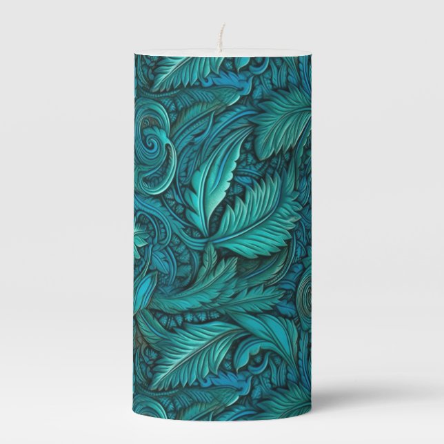 Embossed turquoise faux leather pillar candle (Front)