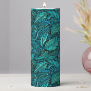 Embossed turquoise faux leather pillar candle