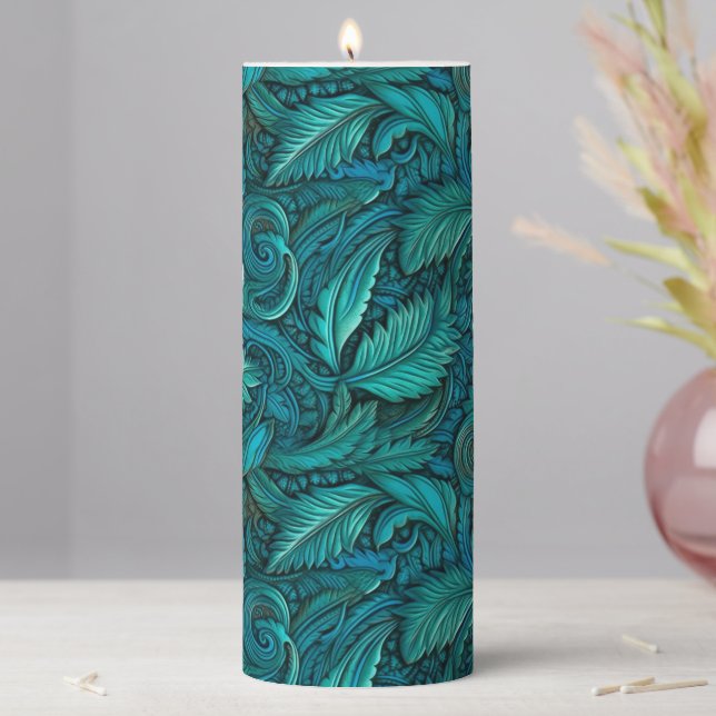Embossed turquoise faux leather pillar candle (In Situ)