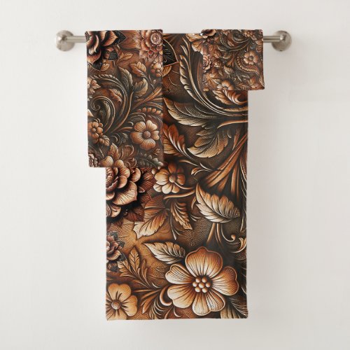 Embossed Vintage Floral Faux Leather Look Bath Towel Set