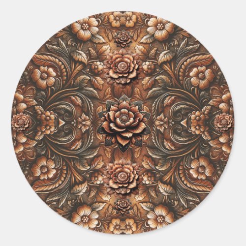 Embossed Vintage Floral Faux Leather Look Classic Round Sticker