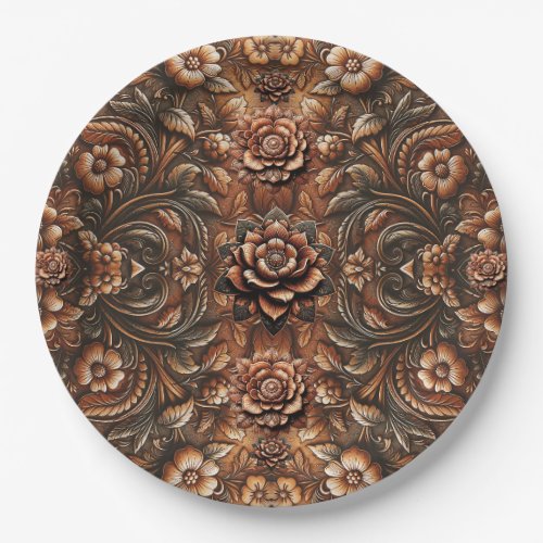 Embossed Vintage Floral Faux Leather Look Elegant  Paper Plates