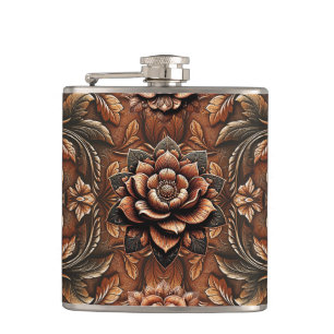 Embossed Vintage Floral Faux Leather Look Flask