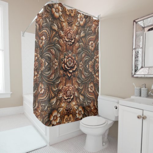 Embossed Vintage Floral Faux Leather Look Shower Curtain