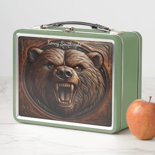 Embossed Wilderness: Roaring Grizzly in Leather Metal Lunch Box (In Situ)