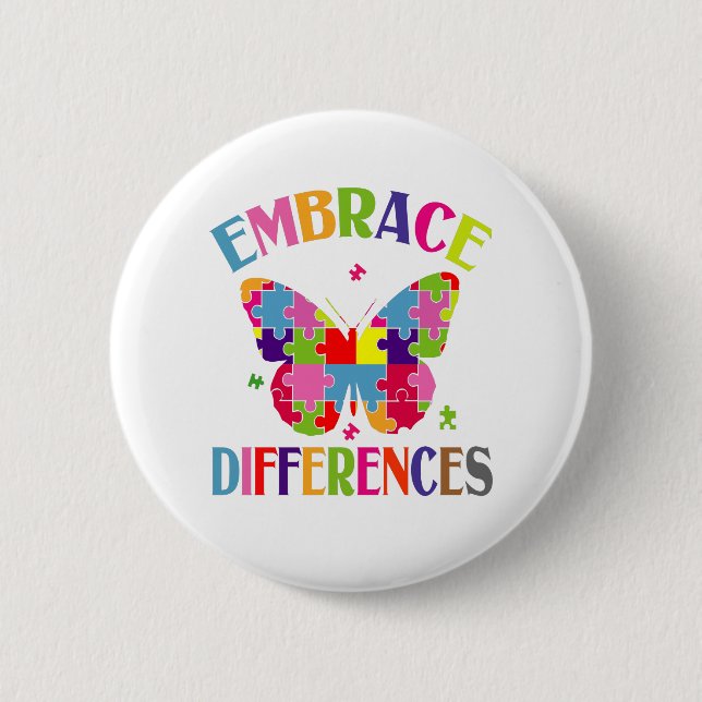 Embrace Differences Cute Colorful Puzzle Butterfly Button (Front)