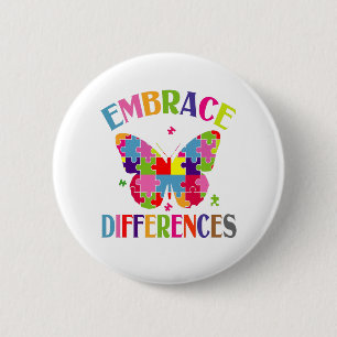 Embrace Differences Cute Colorful Puzzle Butterfly Button