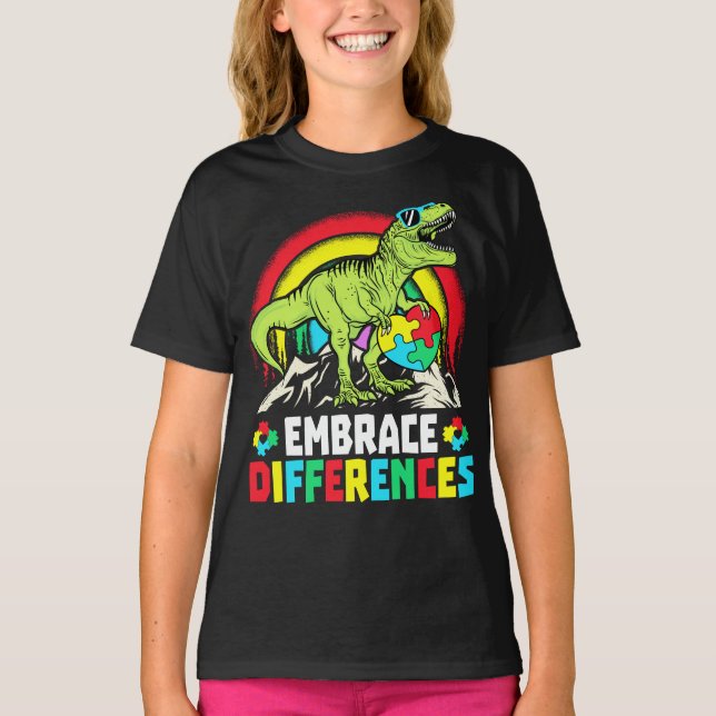 Embrace Differences T Rex Dinosaur Autism Awarenes T-Shirt (Front)