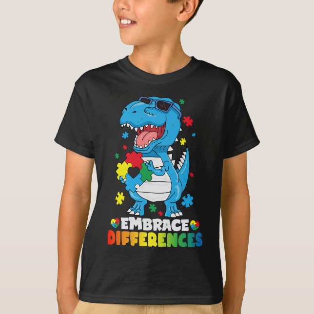 Embrace Differences T Rex Dinosaur Autism Awarenes T-Shirt (Front)