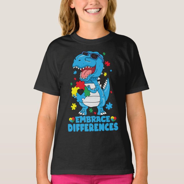 Embrace Differences T Rex Dinosaur Autism Awarenes T-Shirt (Front)